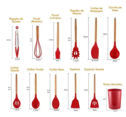 Kit Jogo de Utensílios para Cozinha. 12 Peças, Silicone Antiaderente + Suporte