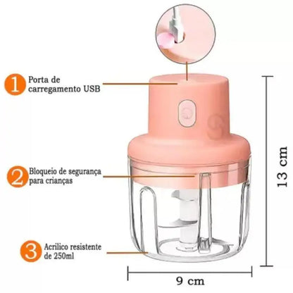 Triturador de alimentos elétrico 250ml, processador recarregável sem fio