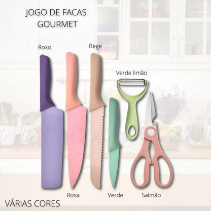 Conjunto de Facas Profissional, Colorido em Aço Inoxidável com 6 Peças para Churrasco e Cozinha