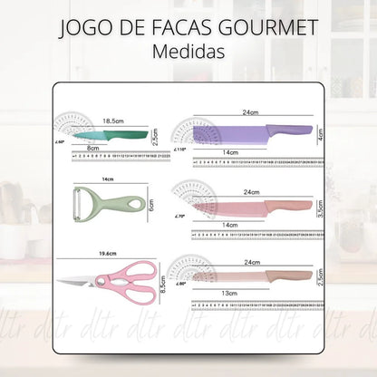 Conjunto de Facas Profissional, Colorido em Aço Inoxidável com 6 Peças para Churrasco e Cozinha