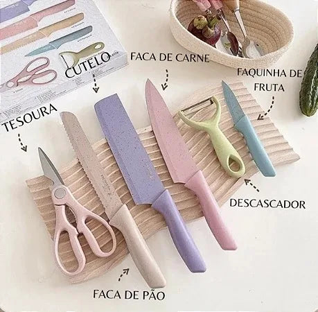 Conjunto de Facas Profissional, Colorido em Aço Inoxidável com 6 Peças para Churrasco e Cozinha