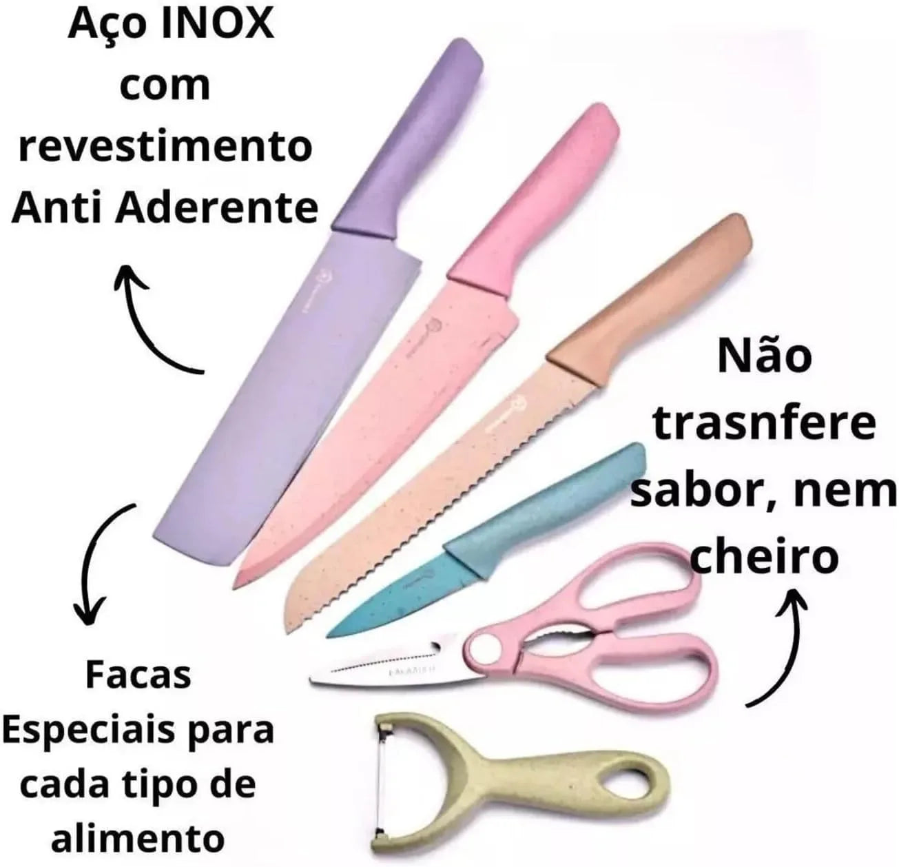 Conjunto de Facas Profissional, Colorido em Aço Inoxidável com 6 Peças para Churrasco e Cozinha