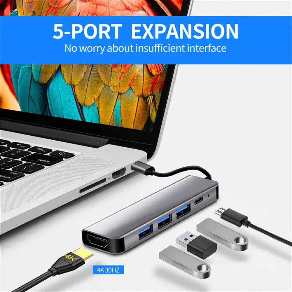 Adaptador com multiportas 5 em 1 -  ENTRADA HDMI, USB3.0, USB2.0 E TIPO C