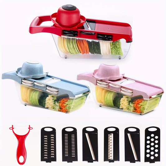 Cortador de vegetais/frutas multifuncional com recipiente, Conjunto 6 em 1 (fatiador)